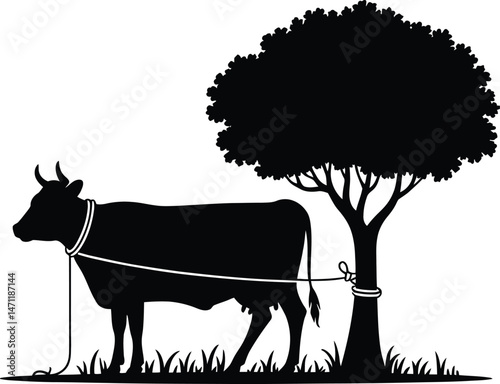 Silhouette of a cow tethered to a tree on a grassy field in black and white