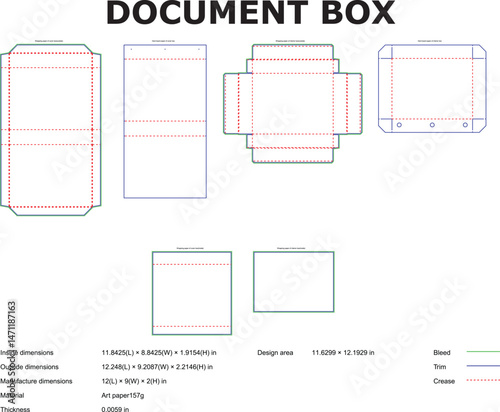 Detailed blueprint and dimensions of various document box designs with cutting and folding guides for production