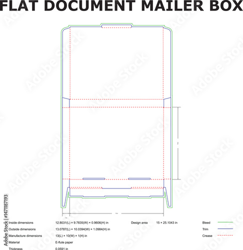 Flat document mailer box technical drawing showing dimensions and design for shipping packaging solutions