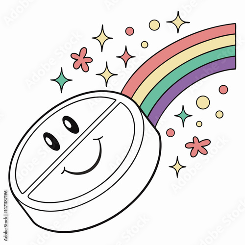 Ecstasy tablet icon with smiley face and rainbow particles