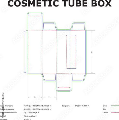 Detailed die cut template for a cosmetic tube box with dimensioned design outlines and professional manufacturing specifications
