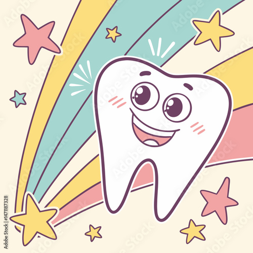 Colorful children’s dentist icon with happy tooth and stars