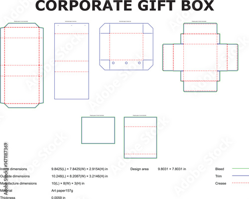 Detailed die-cut template design for a corporate gift box showcasing dimensions and technical specifications for packaging.