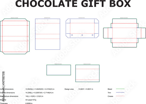 Detailed blueprint of a chocolate gift box showcasing different cutting and folding design templates in various sizes