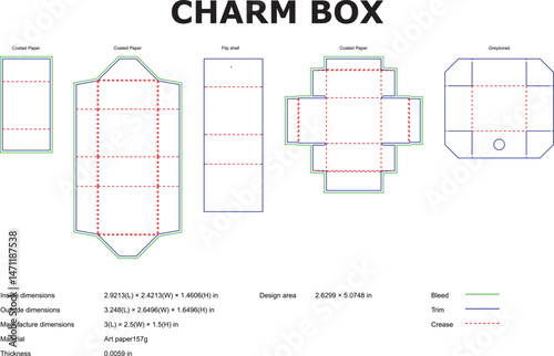 Detailed vector illustration showcasing different paperboard box designs with precise dimensions and specifications for packaging.