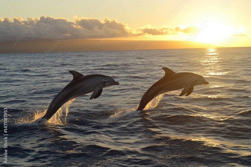Fototapeta premium Dolphins leap at sunset (1)