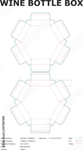 Detailed illustration of a wine bottle packaging template showing dimensions and construction details