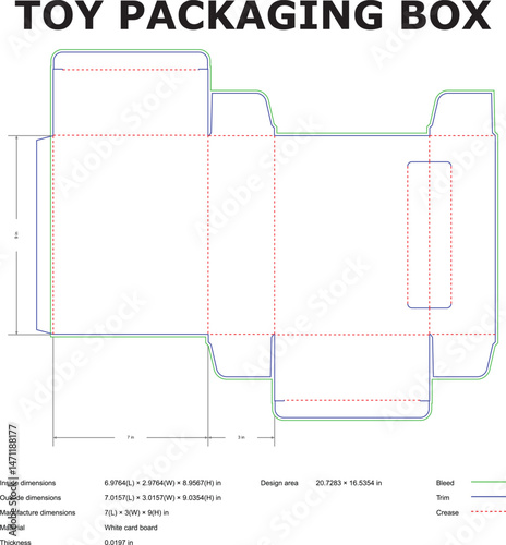 Detailed vector template for a toy packaging box design featuring dimensions and guidelines ready for manufacturing.