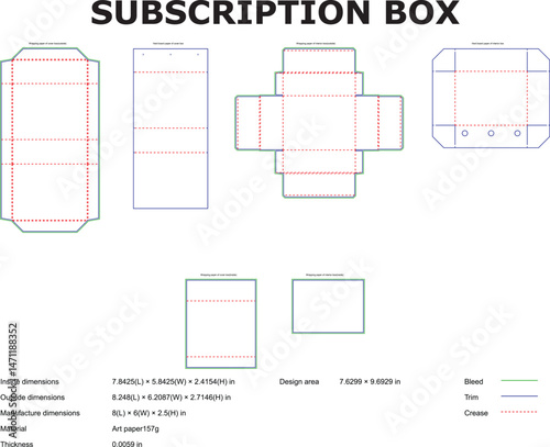 Detailed vector outlines and specifications of several different subscription box designs with associated dimensions.