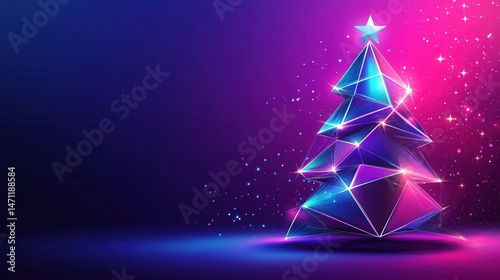 Geometric Christmas tree with star on top, illuminated with neon lights on a vibrant purple and pink gradient background with bokeh effects. Festive holiday design.