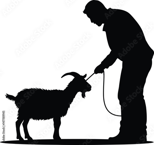 Silhouette of a man leading a goat on a leash against a white background