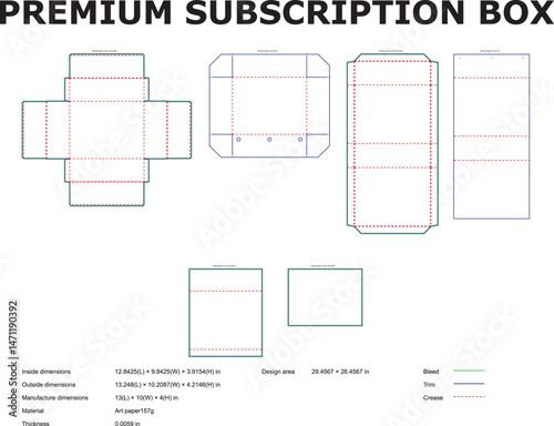 Vector technical drawing showing several packaging subscription boxes with dimensions design details and material information.