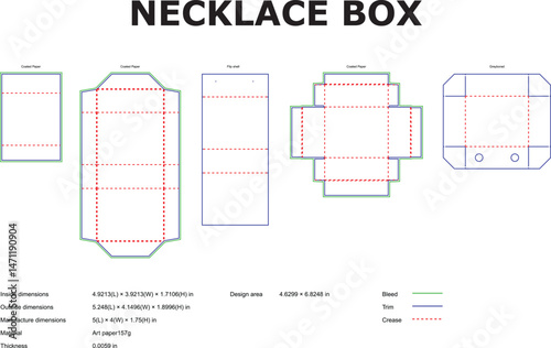 Detailed necklace box packaging die-cut template diagrams with measurement specifications for professional branding and retail.