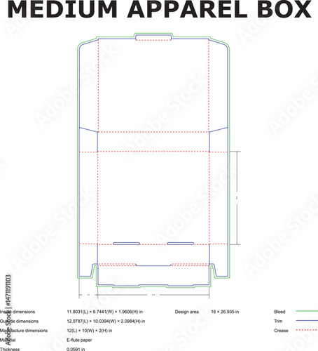Detailed blueprint diagram of a medium apparel box with dimensional specifications for packaging and shipping goods.