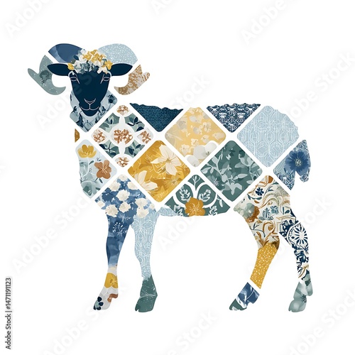 A charming ram silhouette adorned with floral patchwork fabric designs in blue yellow and white