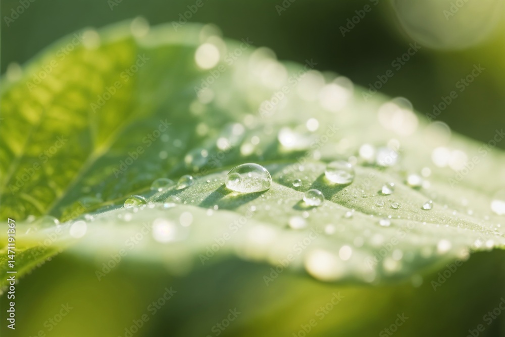 Fresh Dew Drops on Green Leaf in Morning Sunlight Macro Fresh Dew Drops on Green Leaf in Morning Sunlight Macro