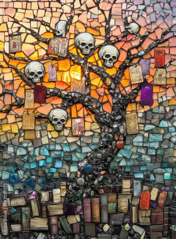 Obraz premium Mosaic tree of skulls and tags. Sunset backdrop