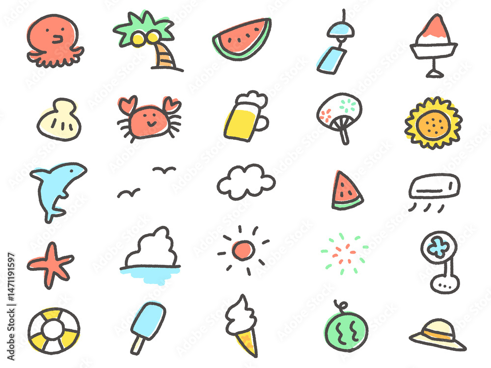 いたずら書き風のかわいい夏アイコンセット いたずら書き風のかわいい夏アイコンセット