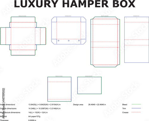 Detailed vector diagram of a luxury hamper box layout with specifications and dimensions for packaging and design