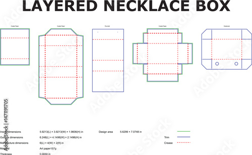 Technical drawing of a layered necklace box with detailed dimensions and manufacturing information for packaging designs
