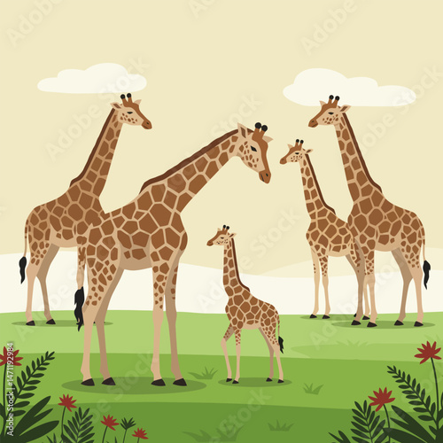 Group of Giraffes Standing in a Green Field with Flowers