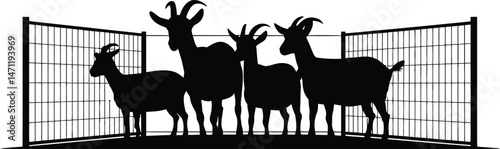 Silhouettes of goats grazing behind a wire fence depicting farm animals in silhouette style