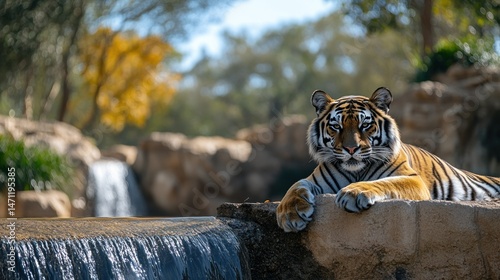 Majestic tiger rests on rock by waterfall, serene wildlife scene