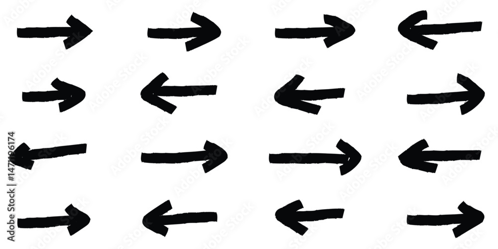 Collection of hand drawn doodle thick arrows. Arrow icon set. Hand drawn grunge brush sketch direction. Vector grunge pointer. grunge arrow brush. 