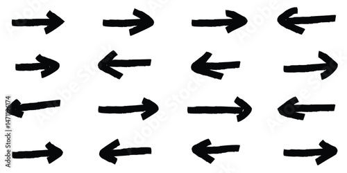 Collection of hand drawn doodle thick arrows. Arrow icon set. Hand drawn grunge brush sketch direction. Vector grunge pointer. grunge arrow brush. 