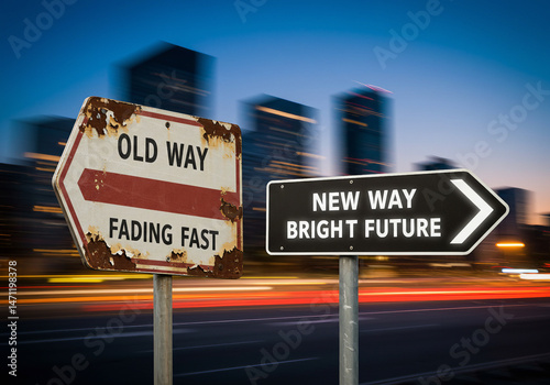 Old Way vs New Way: Business Transformation and Innovation Concept with Contrasting Road Signs Pointing to Future Success and Obsolete Methods