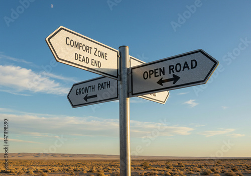 Crossroads Decision Point: Choosing Growth Path Over Comfort Zone, Business Strategy and Personal Development Metaphor with Directional Road Signs