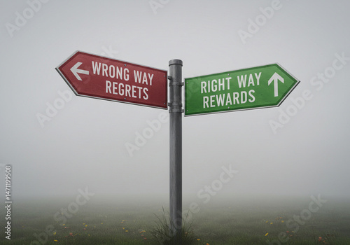 Right Way vs Wrong Way: Ethical Business Decisions and Moral Compass Concept with Contrasting Directional Signs for Choices and Consequences