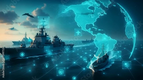 Global Warships and Military Drones with Holographic Earth and Icons Representing Naval Defense, Surveillance and Strategy

