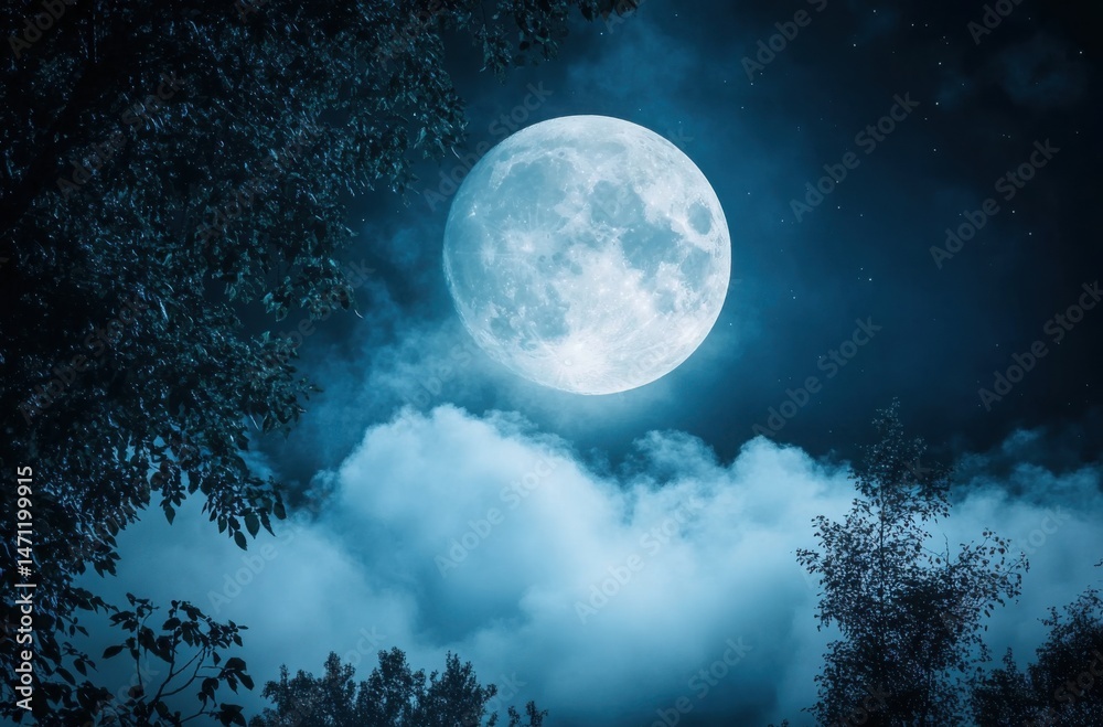 Fototapeta premium Forest illuminated by soft moonlight, with visible texture on trees and fog rolling in