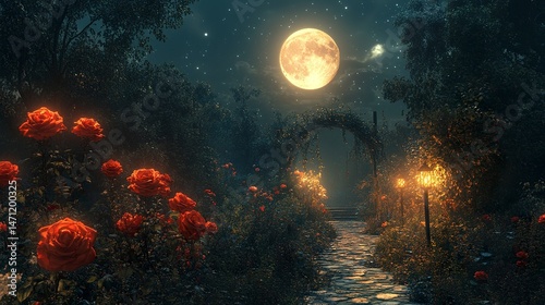 Magical garden with large red roses and enchanted moonlight atmosphere  