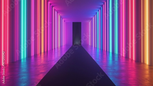 Vibrant Neon Lights Runway Colorful Abstract Corridor with Dark Path