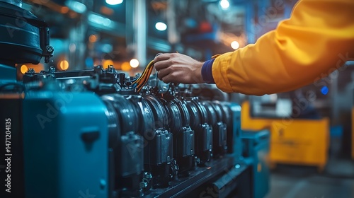 close up of a large generator being connected to its power supply, technician hands positioning wires into the terminal, industrial setting with dim light