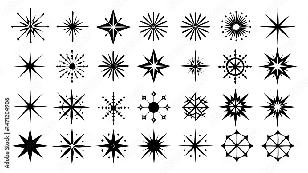 Collection of decorative starburst star shapes isolated on a white background