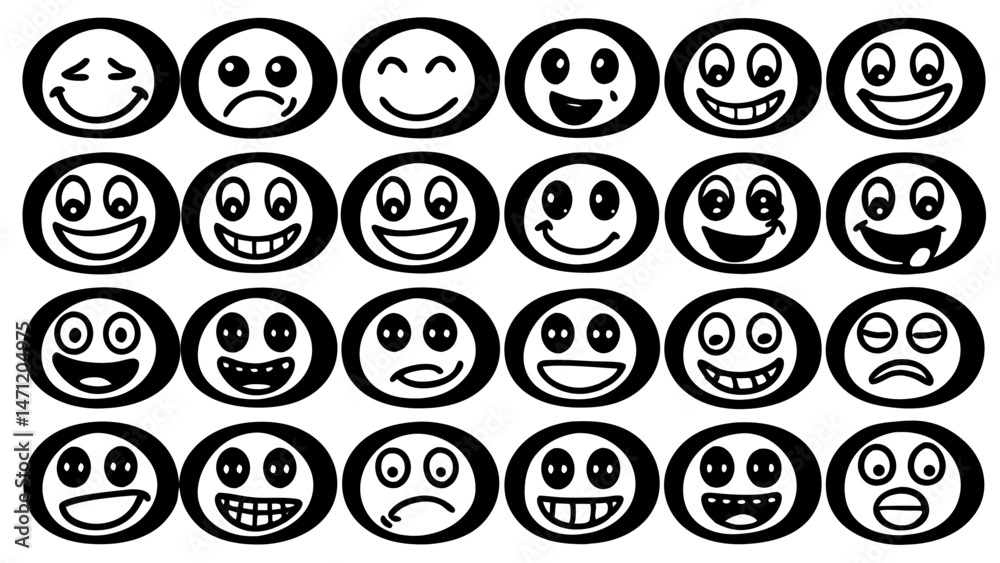 Collection of hand drawn emoticon faces with varying expressions for design projects