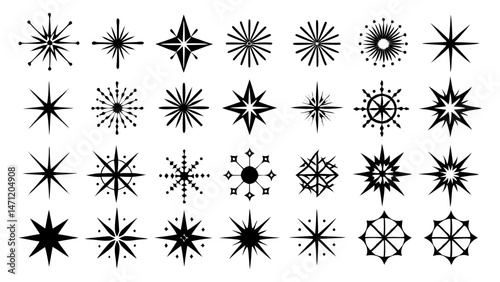 Collection of decorative starburst star shapes isolated on a white background