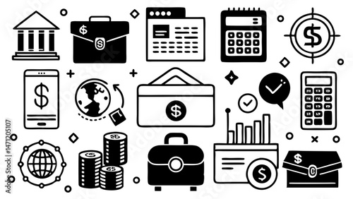 Hand drawn financial icons collection showing investment, banking, and money concepts with transparency