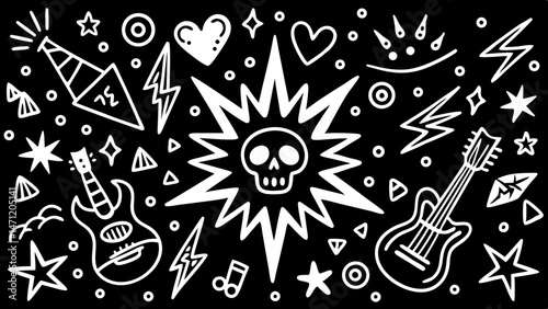 Hand drawn rock and roll doodle art with guitars skulls hearts and stars