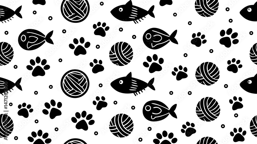 Whimsical black and white cat themed seamless pattern with fish paw prints and yarn balls