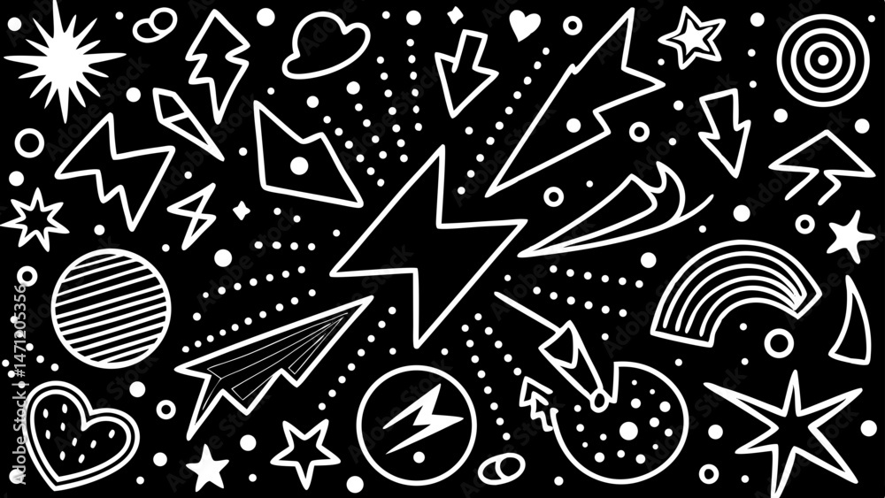 Fototapeta premium Whimsical black silhouette design with stylized shapes and decorative celestial elements on white