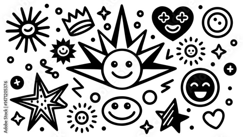 Whimsical hand drawn doodle elements with smiles hearts stars and crown black and white design