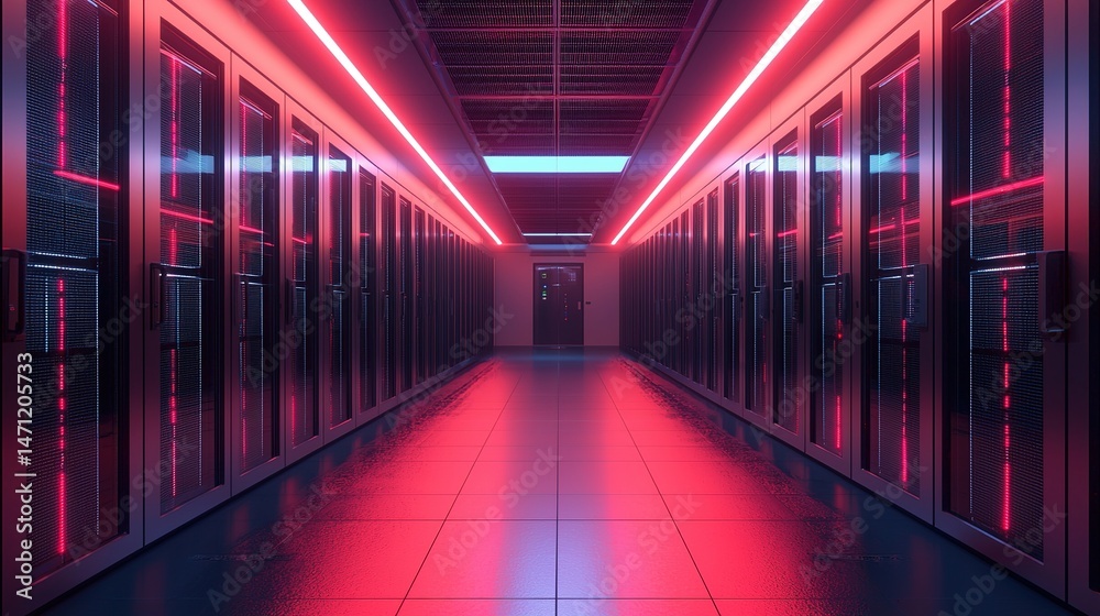 Fototapeta premium Futuristic indoor telecommunications hub modern facility digital infrastructure vibrant environment high-tech viewpoint