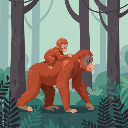 Orangutan with Baby Riding on Back Walking Through Lush Forest