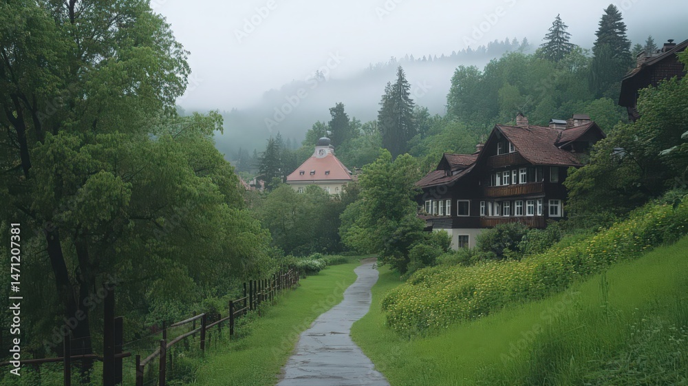 Fototapeta premium Misty Mountain Village Path on a Rainy Day