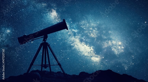 Silhouette of a telescope against a starry night sky.