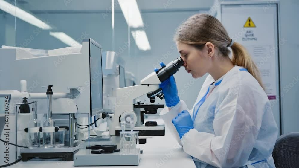 Scientist working in laboratory examining specimen under microscope Scientist working in laboratory examining specimen under microscope